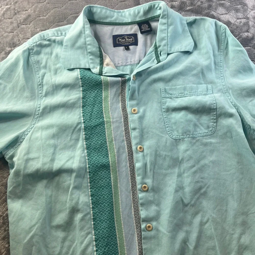 Nat Nast Button Down Shirt Mens L Seafoam Green Silk Cotton Panel Bowling Short